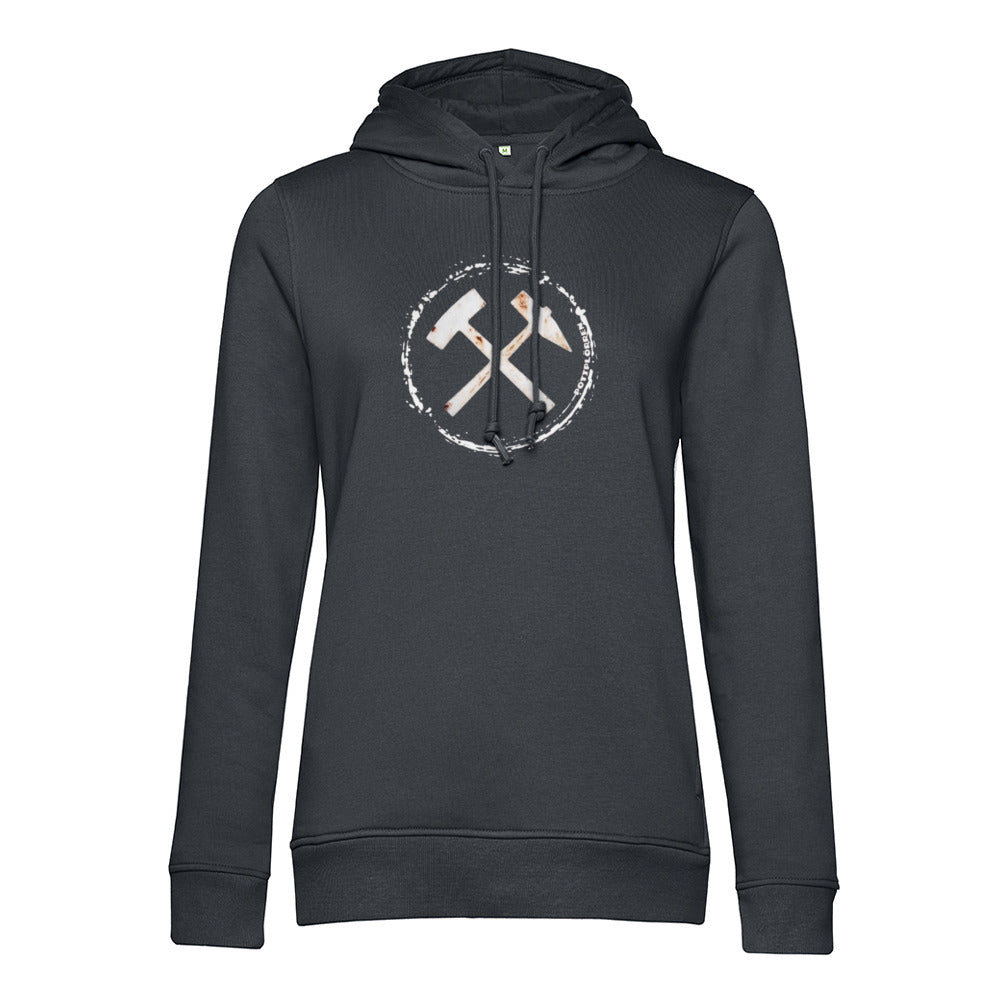 POTTPLÖRREN Ruhrpott Mädels Hoodie mit markanten Eisen & Schlägel Print in weiß auf der Brust