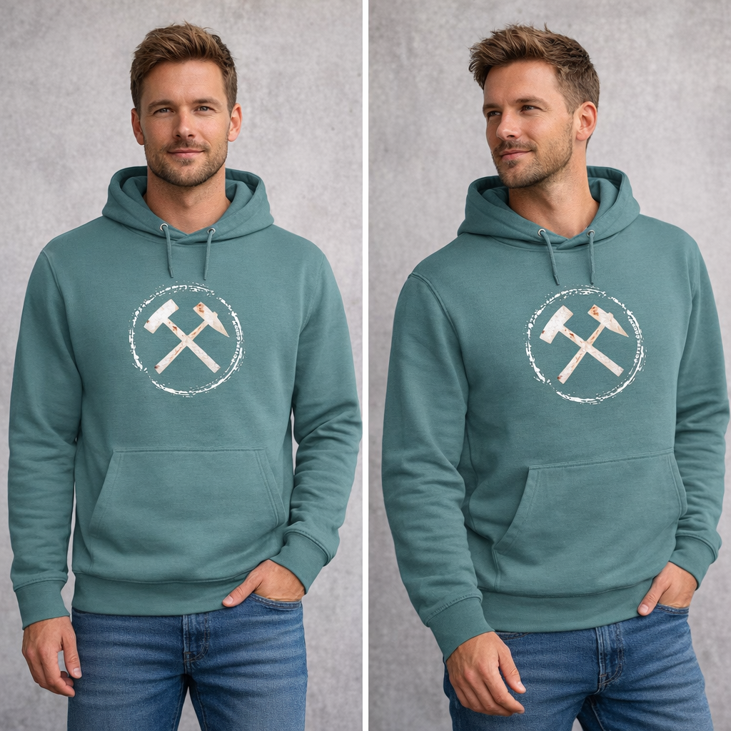 POTTPLÖRREN Ruhrpott Hoodie mit markanten Eisen & Schlägel Print in weiß