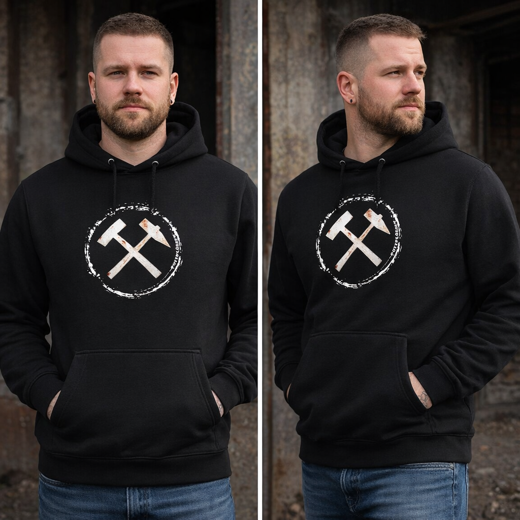 POTTPLÖRREN Ruhrpott Hoodie mit markanten Eisen & Schlägel Print in weiß